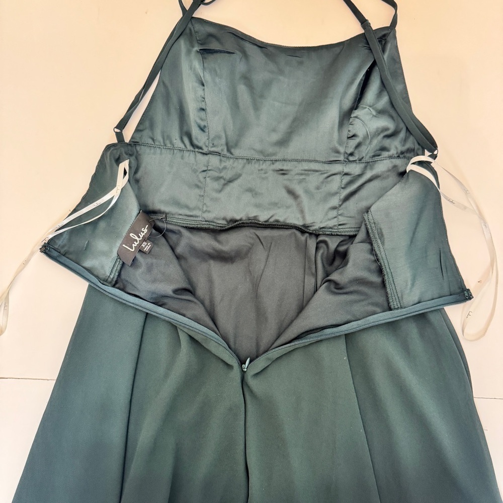 Lulus Letter of Love Mini Dress Emerald Green Backless Skater Slit Chiffon Sz XS - Picture 14 of 16